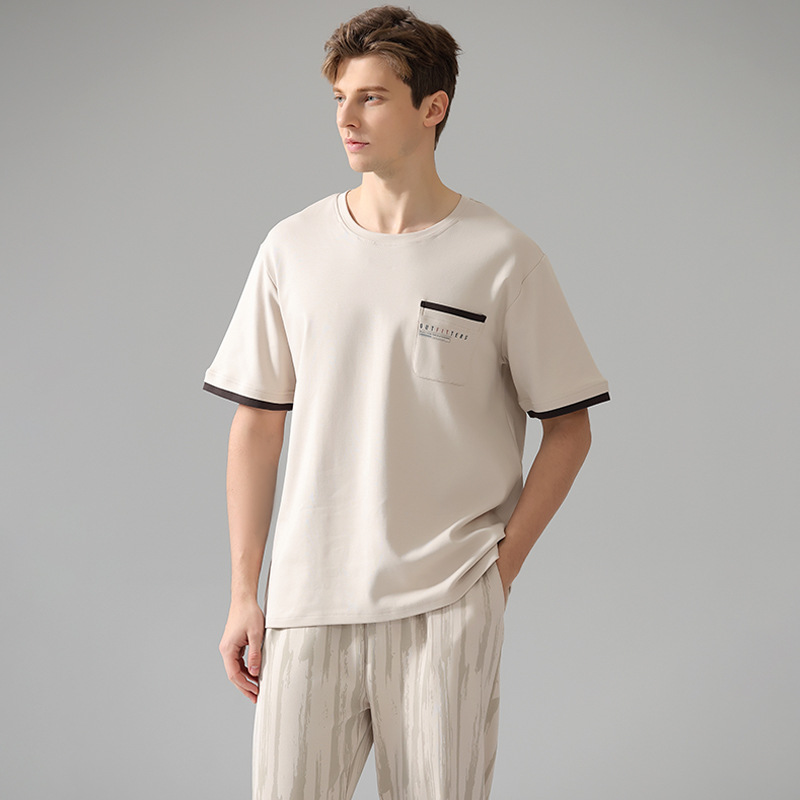 Pure Cotton Apricot Short Sleeved Men's Pajamas Set