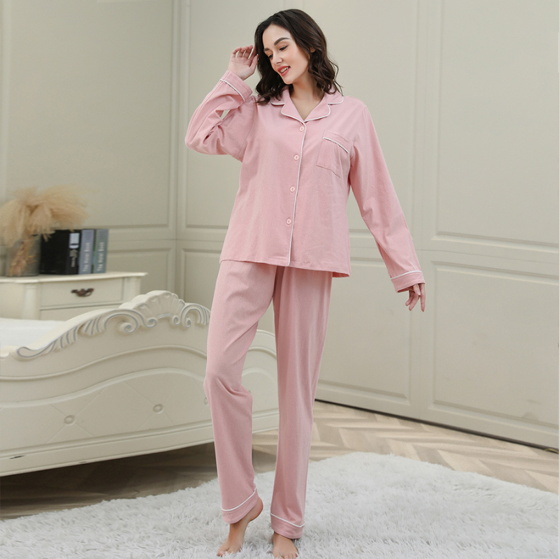 Pure Cotton Solid Color Cardigan Pajamas Set For Women