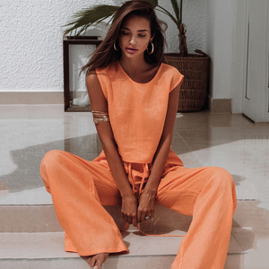 Orange Color Pure Cotton Wide Leg Sleeveless Pajamas Set