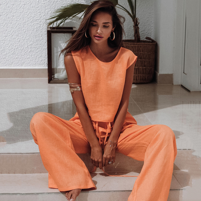 Orange Color Pure Cotton Wide Leg Sleeveless Pajamas Set