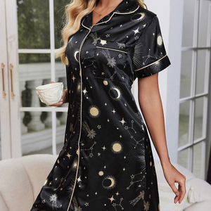 Sky Black Cardigan Lapel Short Sleeve Sleepwear