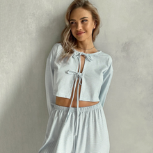 Load image into Gallery viewer, Striped Wide Leg Lace Up Pajama Set
