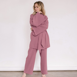 Pure Cotton Wide Leg Solid Color Pajamas and Kimono Set