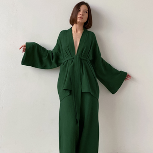 Pure Cotton Wide Leg Solid Color Pajamas and Kimono Set