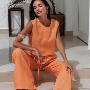 Orange Color Pure Cotton Wide Leg Sleeveless Pajamas Set