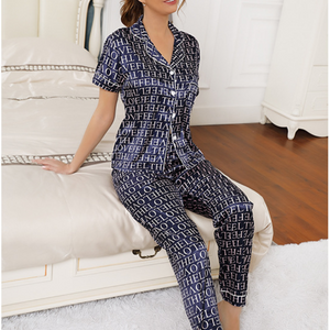 Letter Printed Satin Imitation Silk Pajamas Set