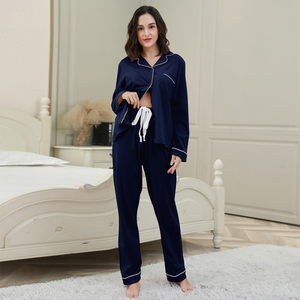 Pure Cotton Solid Color Cardigan Pajamas Set For Women