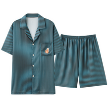 Load image into Gallery viewer, Green Vertical Stripe Short Sleeve Men&#39;s Shorts Pajama Set
