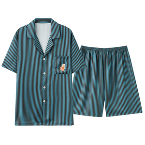 Green Vertical Stripe Short Sleeve Men's Shorts Pajama Set