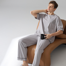 Load image into Gallery viewer, Round Neck Short Sleeved Light Gray Men&#39;s Pajamas Set
