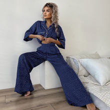 Load image into Gallery viewer, Short Sleeved Polka Dot Wide Leg Pajamas Set
