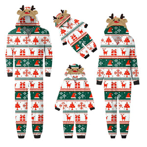 White and Green Jumpsuit with hoodie Matching family Christmas Pajama Set