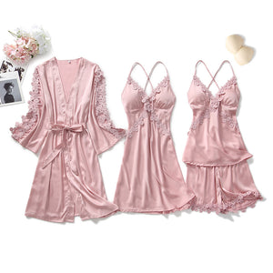 4 Piece Pink Silk Nightgown With Cover Up & Short Set