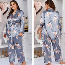 Load image into Gallery viewer, Fog Grey Flamingo 3 Piece Silk Pajama Set
