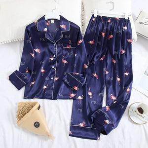 Navy Blue Flamingo Silk Pajamas Set