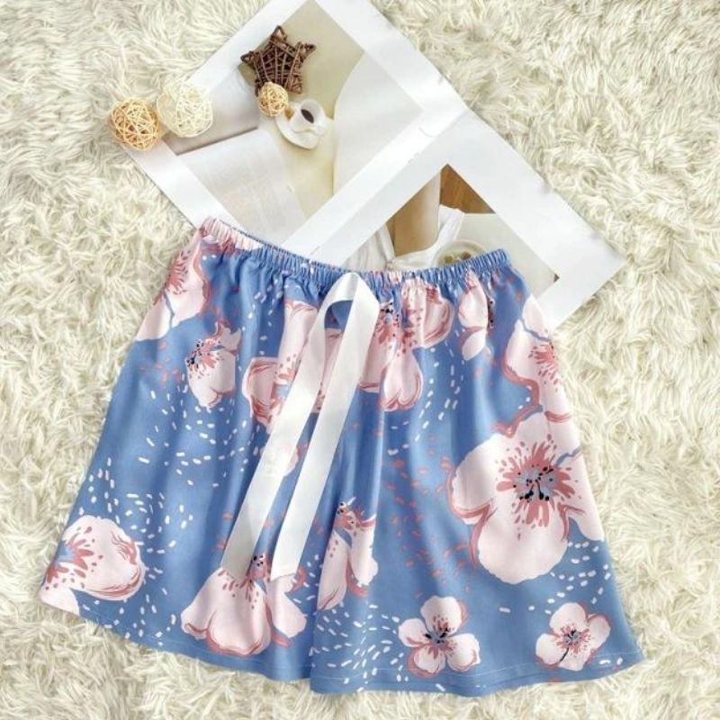 Pink Flowers On Blue Shorts
