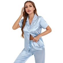 Load image into Gallery viewer, Trim Satin Blouse and Pajama Set
