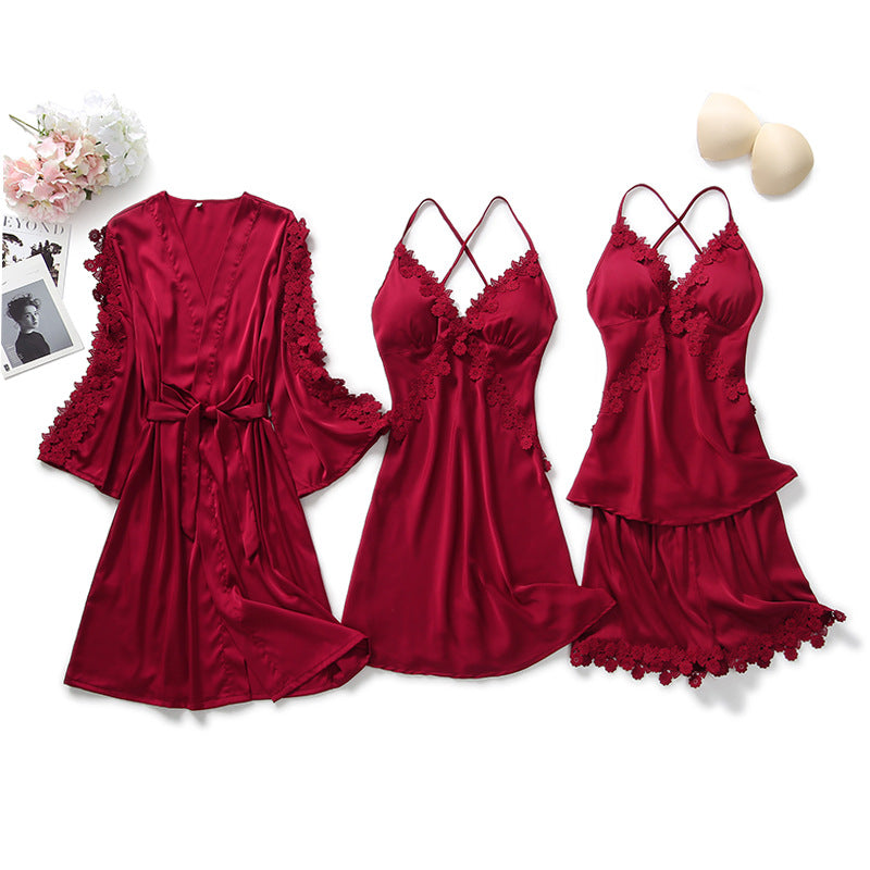 4 Piece Burgundy Silk Nightgown With Cover Up & Short Set