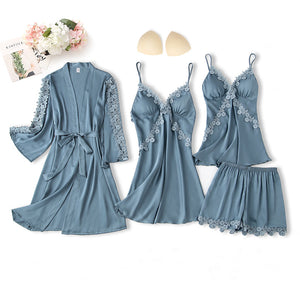 4 Piece Grey Silk Nightgown With Cover Up & Short Set